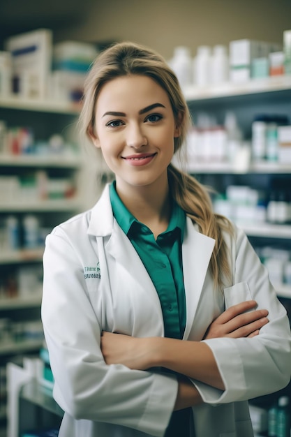 Een vrouw in een apotheek met haar armen over elkaar.