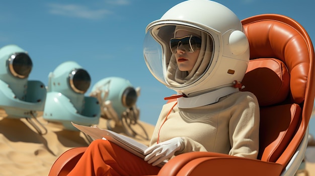 Foto een vrouw in een astronautenpak zit in een oranje stoel.