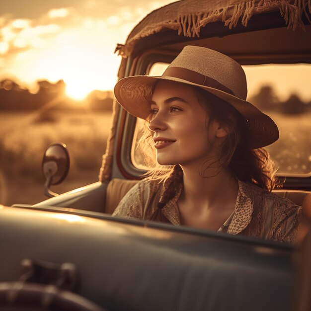 Foto een vrouw in een auto met een hoed op en een zonsondergang op de achtergrond