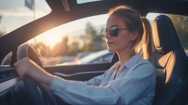een vrouw in een auto met een zonnebril en een shirt met de zon achter haar