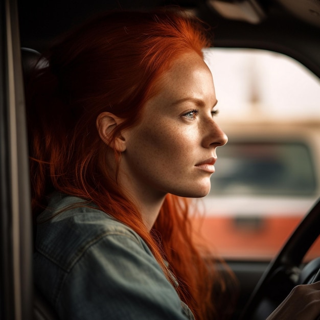 een vrouw in een auto met rood haar bestuurt een rode auto.