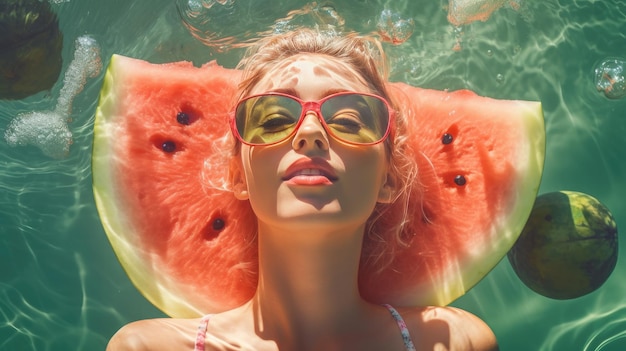 Foto een vrouw in een badpak met zonnebril en watermeloen op haar hoofd