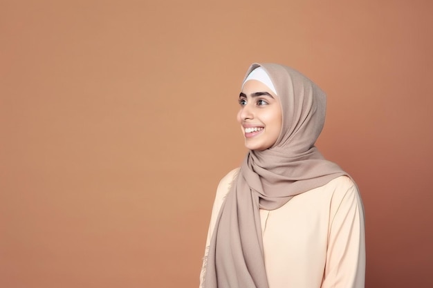 Een vrouw in een beige hijab staat tegen een bruine achtergrond