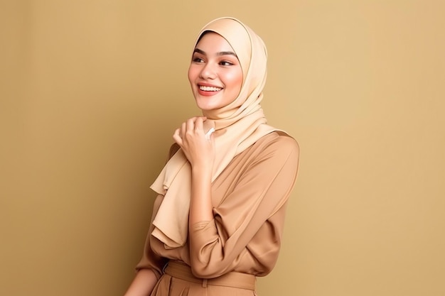 Een vrouw in een beige hijab staat voor een beige muur