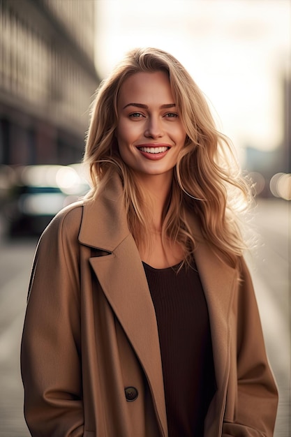 Een vrouw in een beige jas lacht naar de camera.