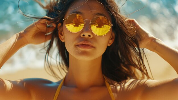 Een vrouw in een bikini en een zonnebril die van het strand geniet.