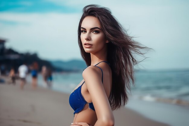 Een vrouw in een blauw badpak staat op een strand en kijkt naar de camera.