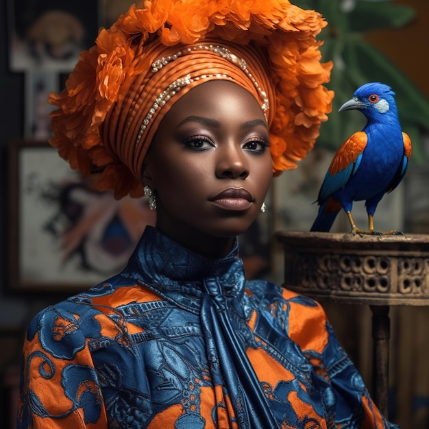 Een vrouw in een blauw met oranje jurk met naast haar een blauwe vogel