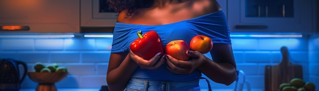Een vrouw in een blauw overhemd en spijkerbroek houdt een rode peper en twee appels in haar handen