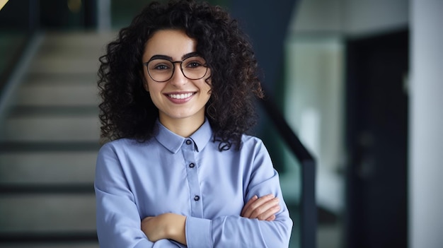 Een vrouw in een blauw overhemd staat in een lobby met haar armen over elkaar.