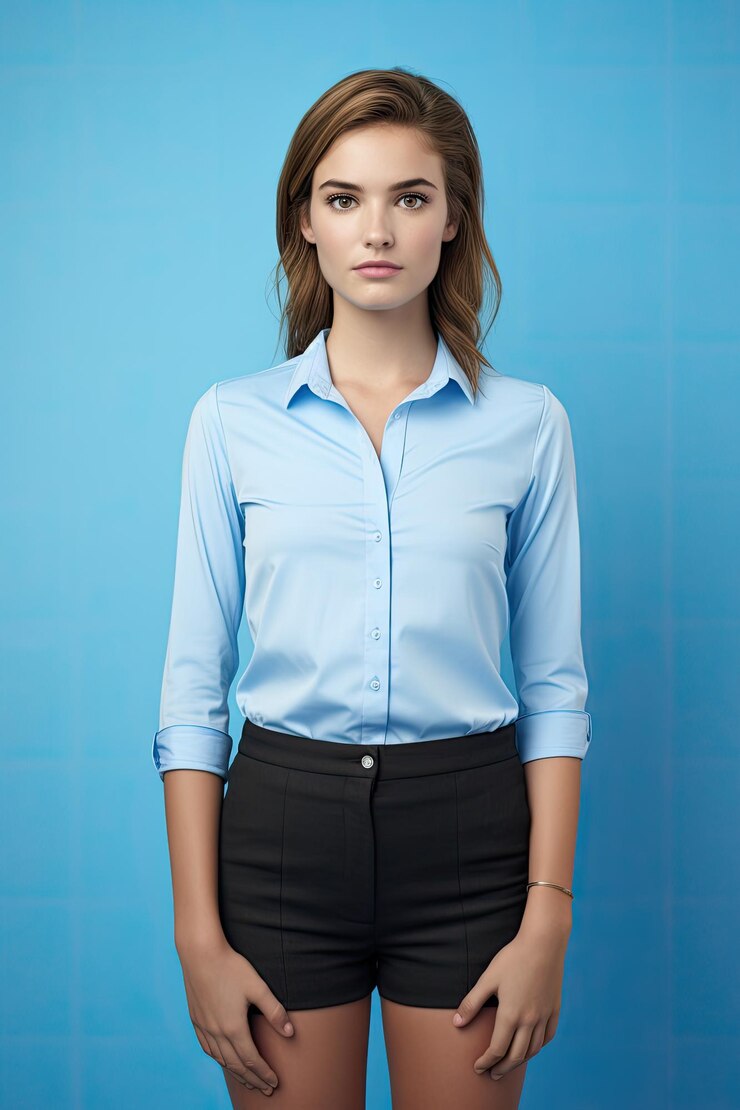 Een vrouw in een blauw overhemd