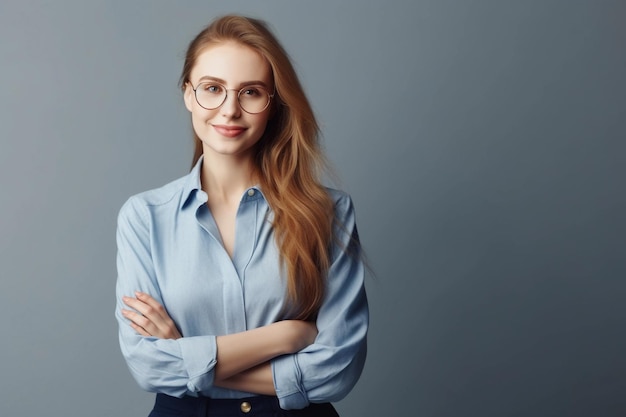 Een vrouw in een blauw shirt en een bril staat met haar armen over elkaar.