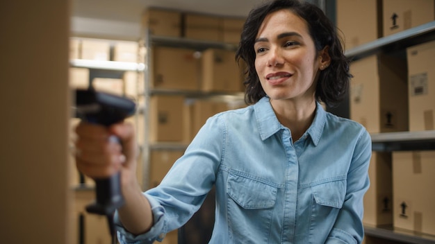 Een vrouw in een blauw shirt gebruikt een apparaat om de temperatuur van een persoon te meten.