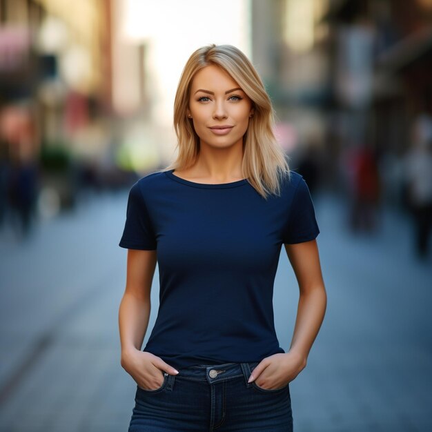 een vrouw in een blauw shirt staat voor een onscherpe achtergrond.