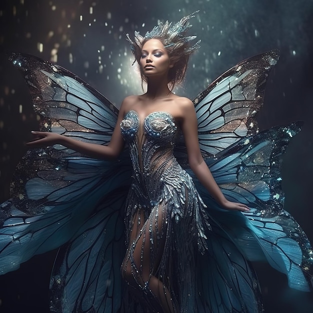 Een vrouw in een blauw sprookjeskostuum met vleugels en een zilveren kroon.