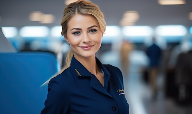 Foto een vrouw in een blauw uniform die op een luchthaven staat