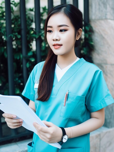 Een vrouw in een blauw uniform houdt een papier in haar hand en kijkt naar de camera.