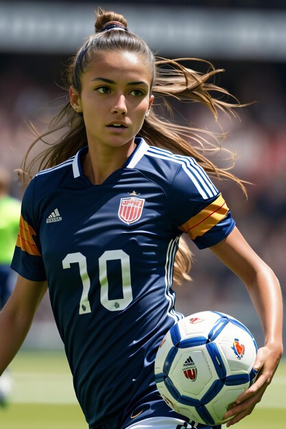 Foto een vrouw in een blauw uniform met een voetbal