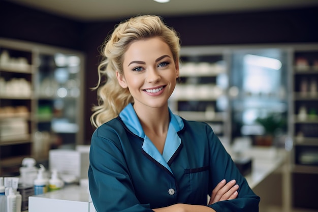 Een vrouw in een blauw uniform staat in een kamer met een toonbank en glimlacht.