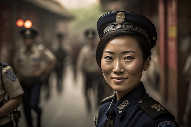 Een vrouw in een blauw uniform staat voor een menigte mensen.