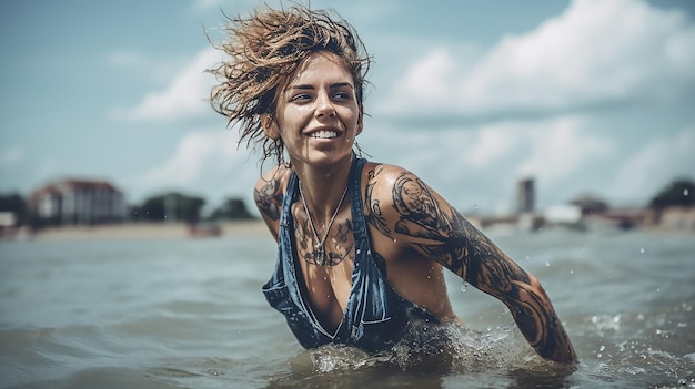 Een vrouw in een blauw zwempak ligt in het water en ze heeft een tatoeage op haar arm.