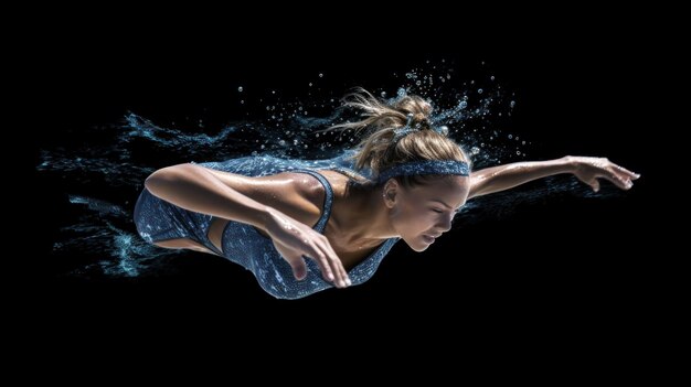 een vrouw in een blauw zwempak springt in het water.