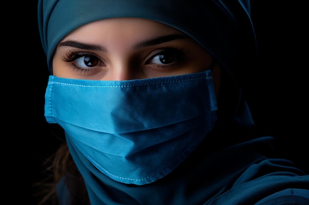 een vrouw in een blauwe hijab draagt een chirurgisch masker