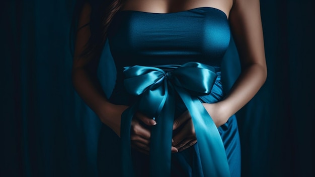 een vrouw in een blauwe jurk houdt een blauw lint vast.