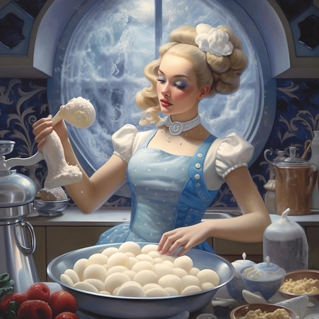 Een vrouw in een blauwe jurk kookt eieren