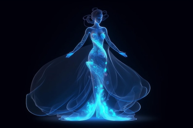 Een vrouw in een blauwe jurk met een patroon van sterren erop