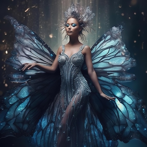 Een vrouw in een blauwe jurk met vleugels en een vlinder erop