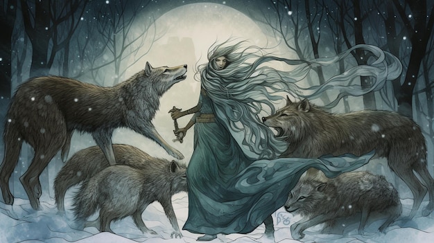 Een vrouw in een blauwe jurk staat in de sneeuw met wolven op haar borst.