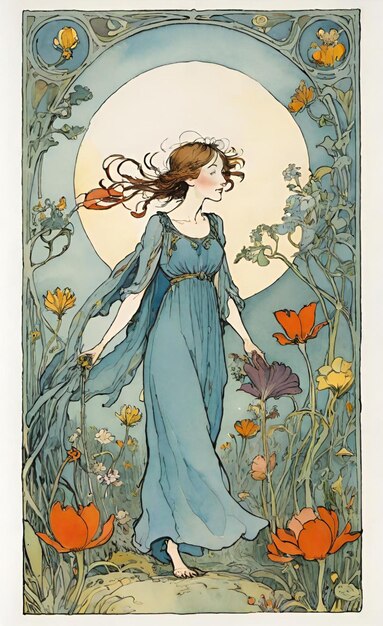een vrouw in een blauwe jurk staat in een veld met vlinders