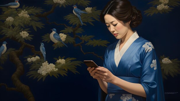 Foto een vrouw in een blauwe kimono die naar haar telefoon kijkt generatieve ai