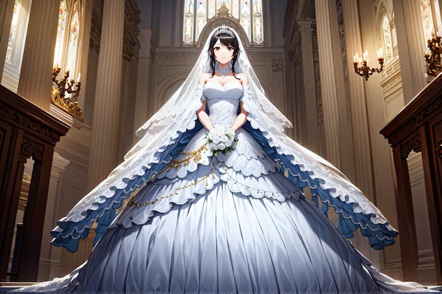 Een vrouw in een blauwe trouwjurk staat in een kasteel.