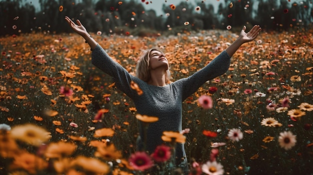 Een vrouw in een bloemenveld met uitgestrekte armen