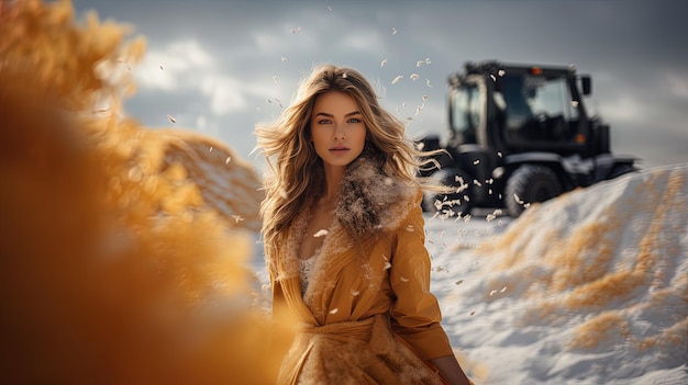 Een vrouw in een bontjas staat in de sneeuw met een tractor achter haar.