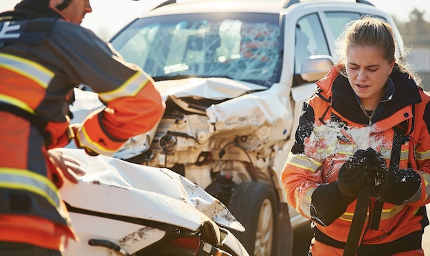 Foto een vrouw in een brandpak staat naast een auto die vuur zegt.