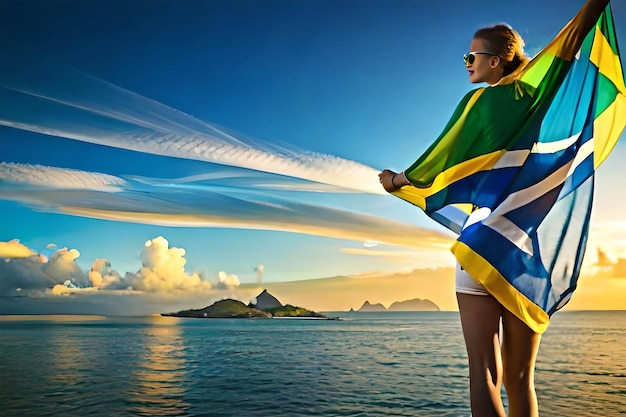 Een vrouw in een braziliaanse vlag staat op een dok voor een tropisch eiland.