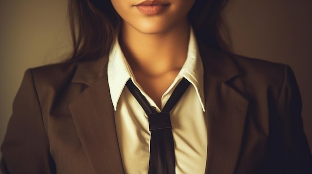 Een vrouw in een bruin pak en een wit overhemd met een kraag waarop staat "ze draagt een stropdas".