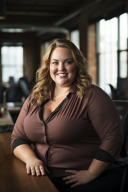 een vrouw in een bruin shirt, zittend aan een tafel