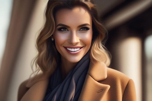 Een vrouw in een bruine jas en een sjaal lacht naar de camera.