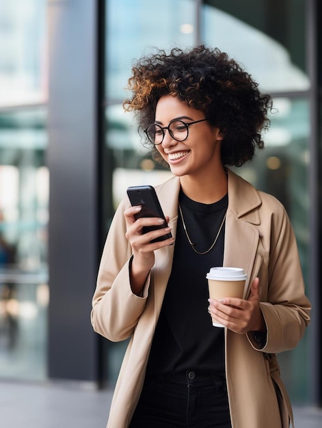 Een vrouw in een bruine jas houdt een koffiekop vast en sms't op haar telefoon.