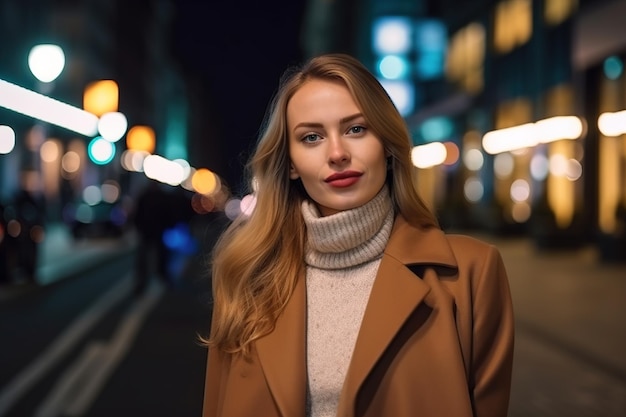 Een vrouw in een bruine jas staat 's nachts op straat.