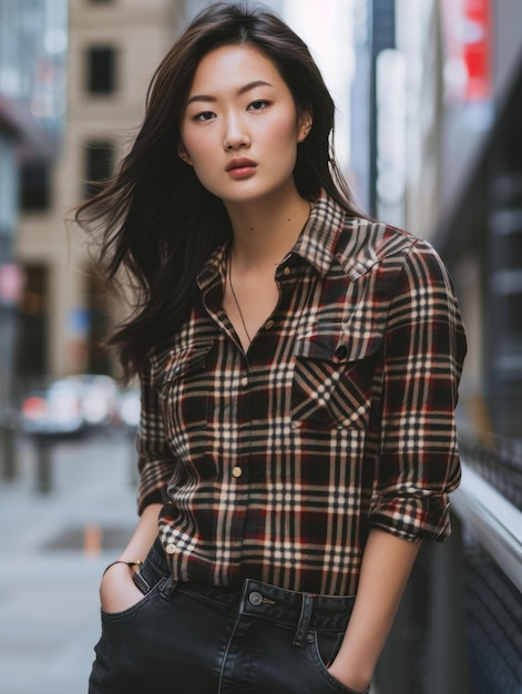 Een vrouw in een Burberry shirt.