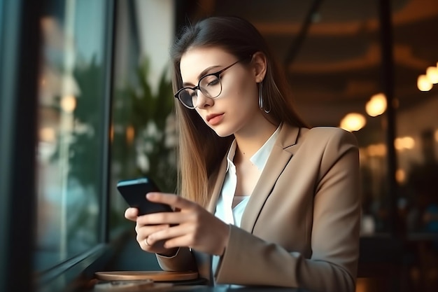 Een vrouw in een café kijkt naar haar telefoon en kijkt naar het raam.