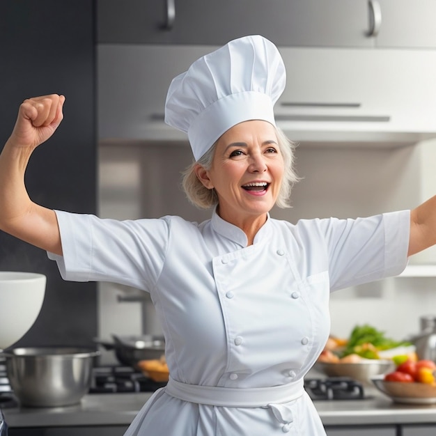 Een vrouw in een chef-kok hoed viert een overwinning