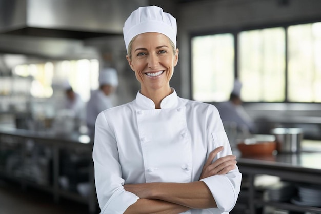 Foto een vrouw in een chefhoed staat voor een toonbank met andere chefs
