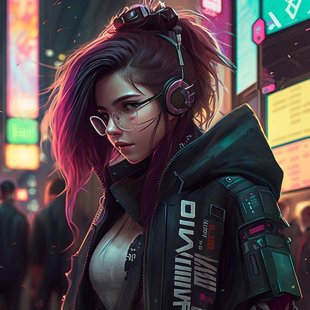 Een vrouw in een cyberpunk-outfit met een zwart jasje waarop 'divisie' staat.