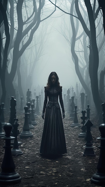 een vrouw in een donker bos met een donker silhouet midden in het bos.